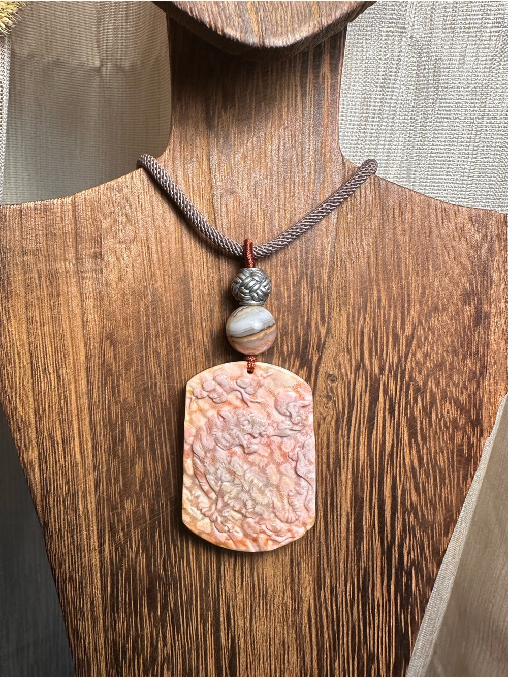 Coral Fossil Tiger Pendant Necklace on Light Brown Adjustable Rope - Picture 1 of 16